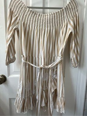 Tularosa Maida Ruffle Dress in the "Nude Stripe" colorway. Women’s size Medium